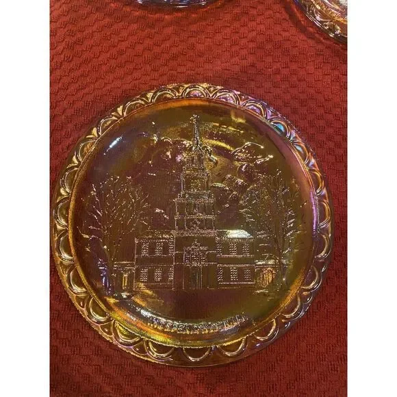 Independence Hall Amber Carnival Glass Commemorative Plate Indiana Glass - Picture 2 of 3